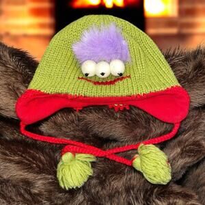 Delux Knitwits Kids Med LG Cap Beanie Hat 100% Wool Pilot Pom Alien Monster Eyes